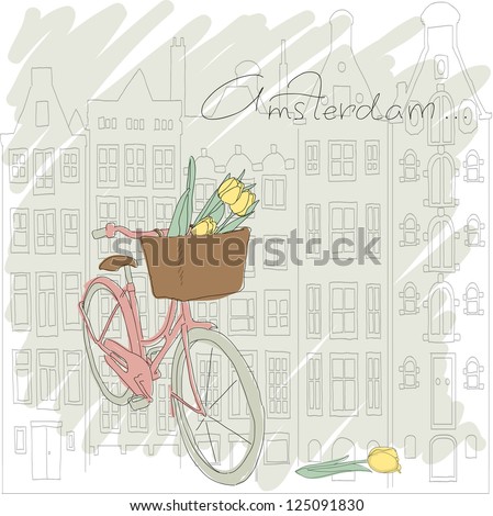 Beautiful card with pretty bicycle and yellow tulip on Amsterdam background Beautiful card with pretty bicycle and yellow tulip on Amsterdam background