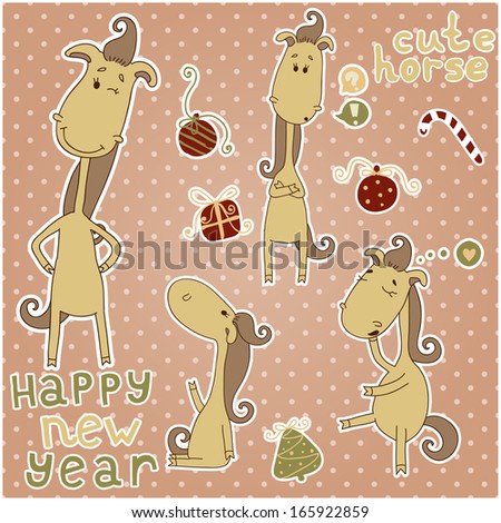 Year of the horse. Stickers with cute christmas horse. Cartoon animal. Funny vector set. Eps 10
