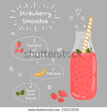 Strawberry smoothie recipe. With illustration of ingredients. Doodle style