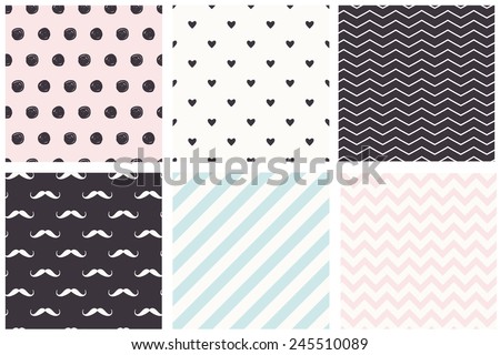 A set of 6 Polka Dot, chevron, stripe, moustache seamless patterns. Pastel trendy style.