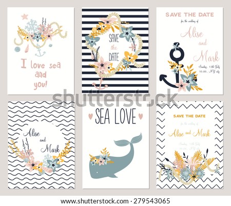 6 Save The Date Cards Template Collection Summer Ocean Flowers Bouquets And Wreath Set Nautical Save The Date Template
