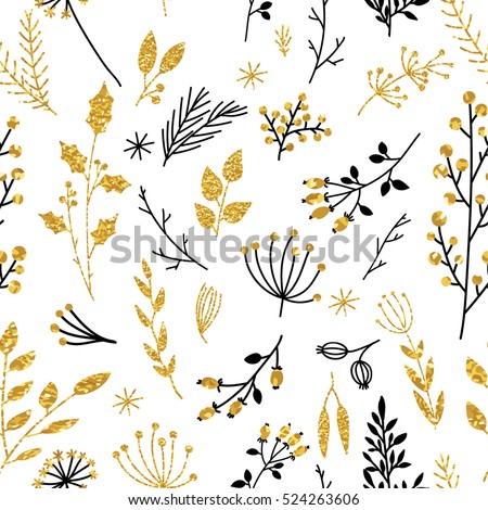 Gold floral background. Vector glitter textured seamless pattern with branches leaf berries. Perfect for holidays