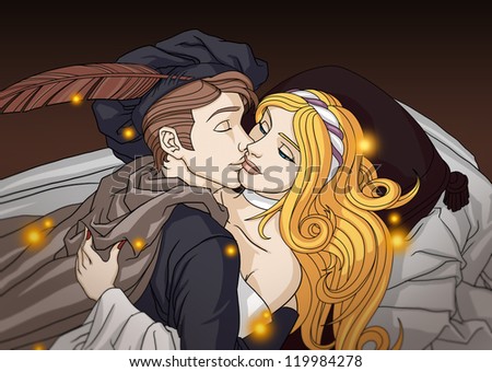 A prince kissing a sleeping princess. Dark brown background.