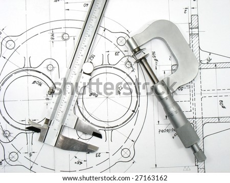 Caliper and Micrometer on technical drawings. Engineering tools on technical drawings series