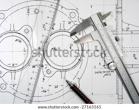 Caliper, ruler and pencil on technical drawings. Engineering tools on technical drawings series