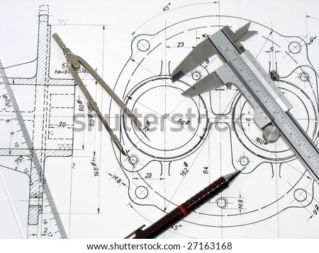 Caliper, compass, ruler and pencil on technical drawings. Engineering tools on technical drawings series