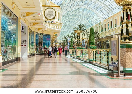 MANCHESTER, UK - JUNE 19, 2015: Peel avenue in the Trafford Shopping Centre. The Trafford Centre is large indoor shopping centre and leisure complex in Greater Manchester, England. Area - 185,000 sqm.