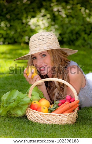 fruits and vegetables in the basket with his wife