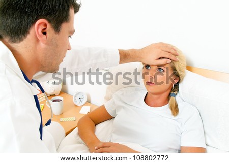 a physician house call. examines sick wife.