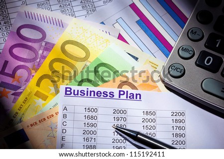 a business plan for starting a business. ideas and strategies for self-employment. euro banknotes and calculator