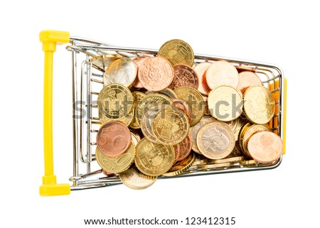 a shopping cart is filled with well-euro coins, symbolic photo for purchasing power and consumption