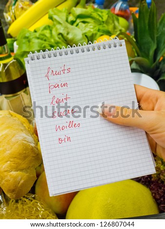 a woman holding a shopping list in a supermarket in the hand. french language.