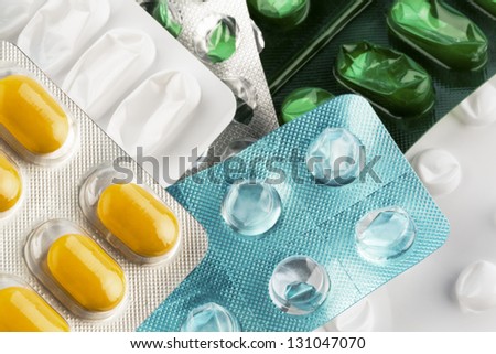 tablets in blister pack, photo icon for health, medicine and pill addiction