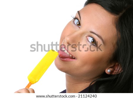 stock photo Sexy teen shows with ice tongue