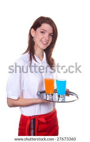Young woman as a waitress serves drinks on a tray
