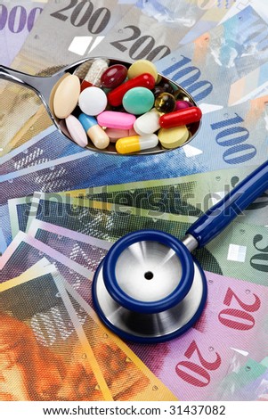 Swiss Franc and stethoscope, symbol, health costs