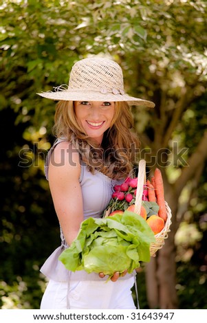 Fruit and vegetables in the basket for a wife