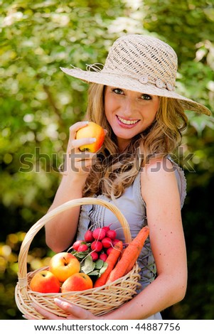 Fruit and vegetables in the basket with his wife