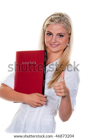 Young woman looking for work with Application folder: