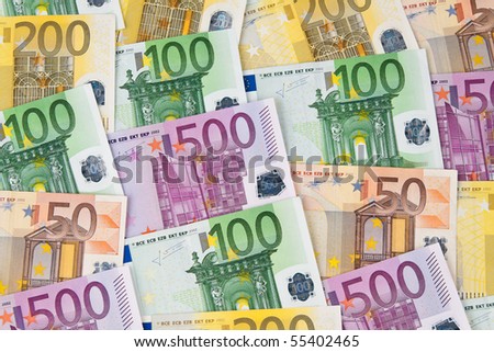 Many Euro banknotes of the European Union.
