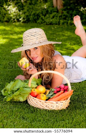 Fruit and vegetables in the basket with his wife
