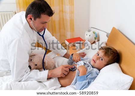 A physician house call. Examines sick child.