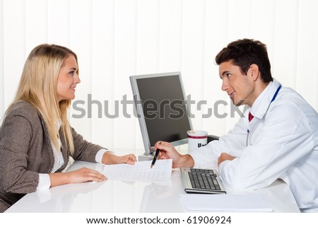 Doctors call. Patient and doctor talking to a doctor\'s office