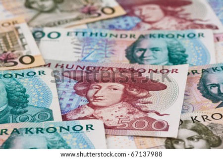 Swedish krona, the currency of Sweden. Several bills.