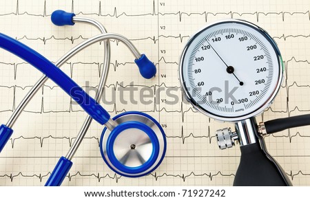 Blood pressure monitor, stethoscope and ECG curve. Correct blood pressure measurement.