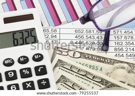A calculator and various statistics in the calculation of balance sheet, revenue and profit.