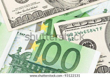 dollar and euro bills. euro dollar symbol differences