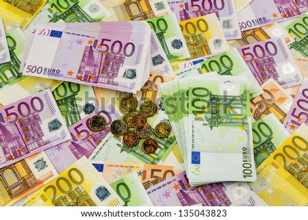 many different euro bills. photo icon for wealth and investments.