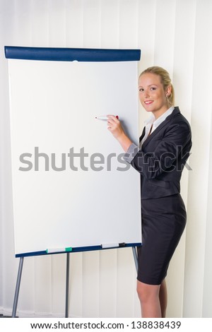 a young woman with a flip chart in a presentation board. training and adult education.
