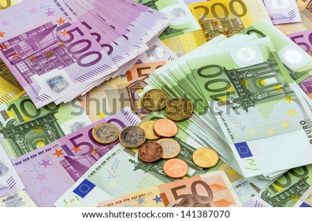 many different euro bills. photo icon for wealth and investments.