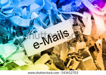 shredded paper tagged with e-mails, symbolic photo for data destruction, e-mails and data flooding