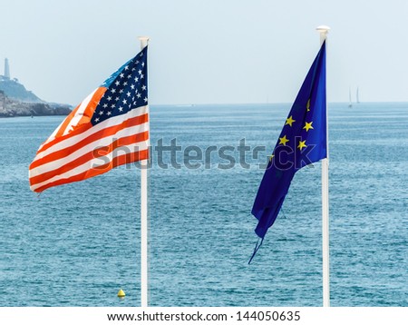 flags of the european union and the united states, symbolic photo for, diplomacy, foreign policy