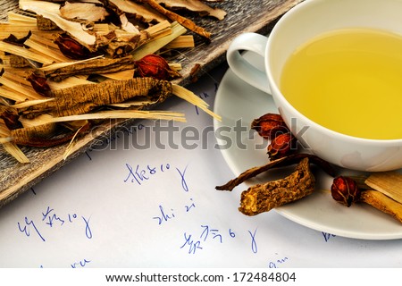 ingredients for a cup of tea in traditional chinese medicine. cure of diseases by alternative methods.