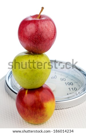 several apples on a balance for people. symbolic photo for diet and healthy, vitamin-rich diet.