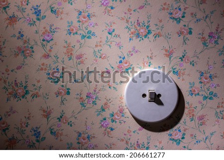 an old wallpaper with light switch. symbolic photo for renovation and remodel.