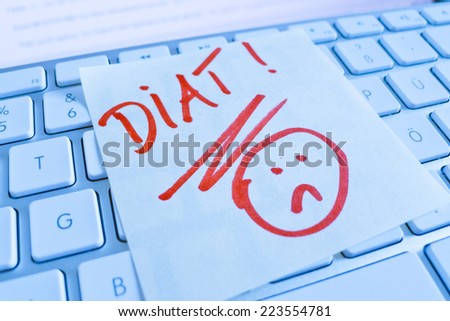 a sticky note is on the keyboard of a computer reminder: diet