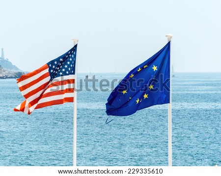 flags of the european union and the usa, symbol photo for partnership, diplomacy, foreign policy
