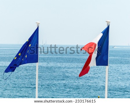 flags of eu and france, symbol photo for partnership, diplomacy, foreign policy