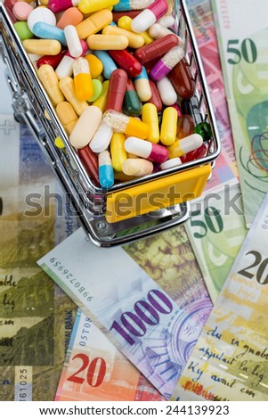 tablets, shopping cart, swiss franc, symbolic photo for drugs, health insurance, health care costs