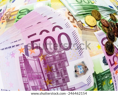 many different euro bills. photo icon for wealth and investment