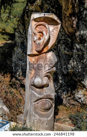 carving tree trunk sense organs, symbol of hearing, smell, sight