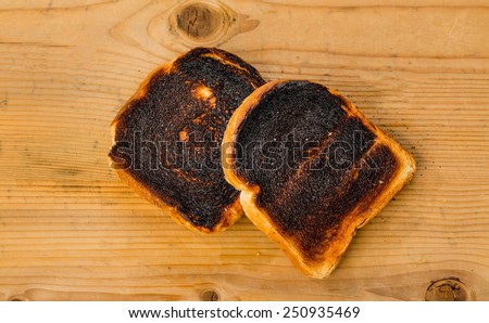 toast was burnt during toasting. burnt toast at breakfast.