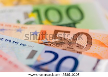 many different euro bills. photo icon for wealth and investment.