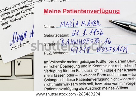 a living will in german language. instructions for the doctor or hospital in the event of a terminal illness.