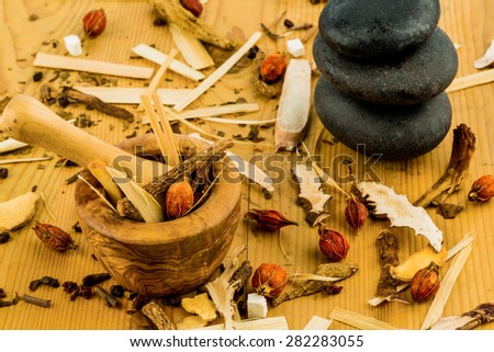 ingredients for a cup of tea in traditional chinese medicine. cure of diseases by alternative methods.