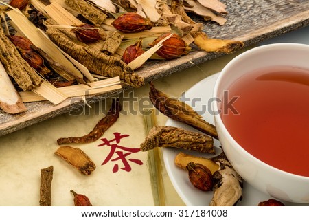 ingredients for a cup of tea in traditional chinese medicine. curing diseases through alternative methods.